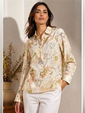 Talbots Floral Button Front Blouse Cream Peach Green Collared Career Top